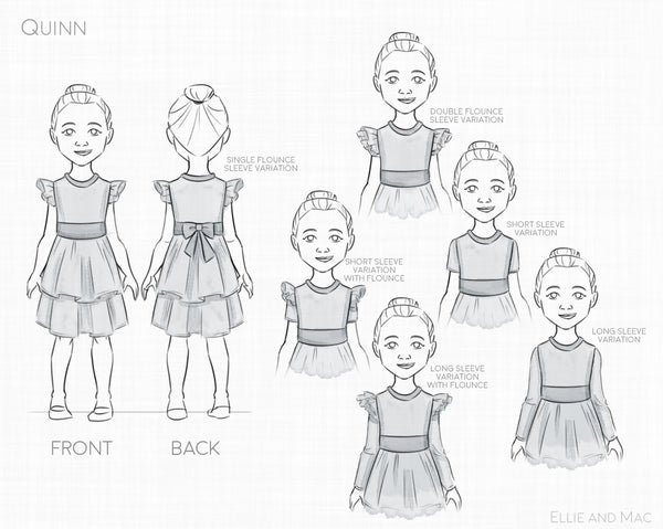 Girl's Quinn Dress Sewing Pattern Line Drawing for Ellie and Mac
