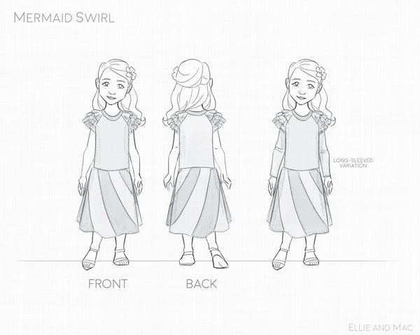 Mermaid Swirl Dress Pattern Line Drawing for Ellie and Mac Sewing Patterns