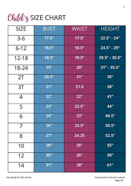 Beatbox Romper Sewing pattern size Chart