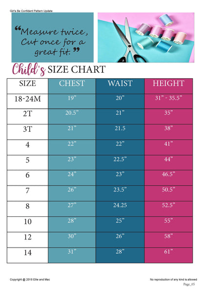 Be Confident Pattern Size Chart for Ellie and Mac Sewing Patterns