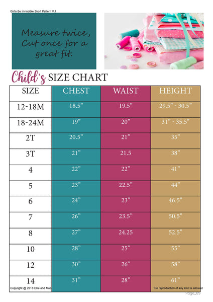 Be Invincible Skort Size Chart for Ellie and Mac Sewing Pattern