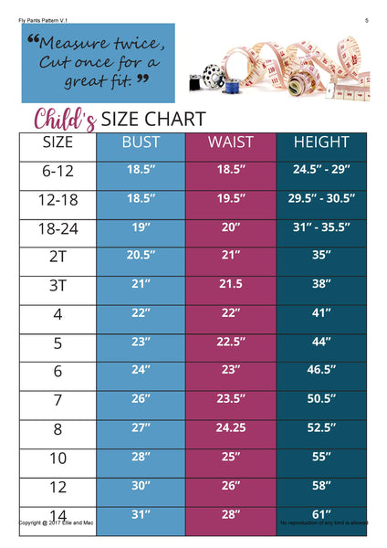 Playtime Capsule Sewing Pattern Size Chart for Ellie and Mac Sewing Patterns