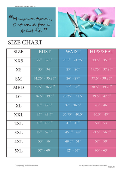 Jersey Skirt Women's Skirt Sewing Pattern Size Chart for Ellie and Mac Sewing Patterns