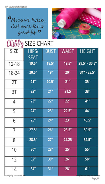 Lizzy Pants PDF Sewing Pattern Size Chart By Ellie and Mac