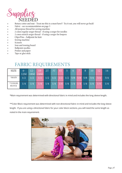 Radical Rashguard Fabric Requirement Chart by Ellie and Mac Sewing Patterns
