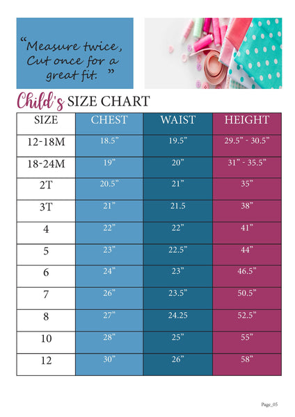 School Cool Size Chart for Ellie and Mac Sewing Patterns