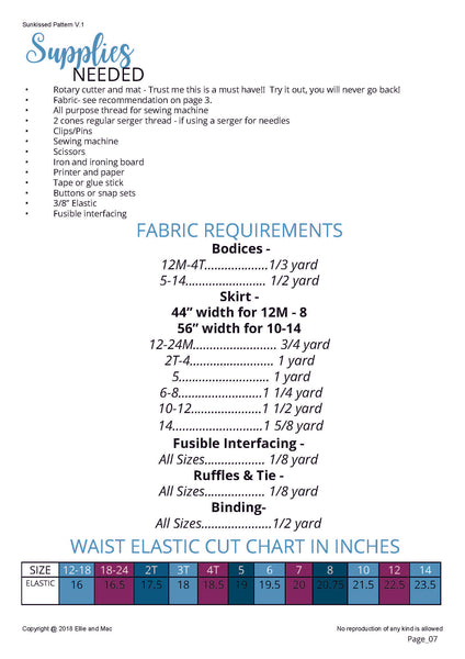 Sunkissed Dress PDF Sewing Pattern Fabric Requirements Chart for Ellie and Mac