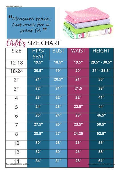 Sunkissed Dress Sewing Pattern Size Chart for Ellie and Mac