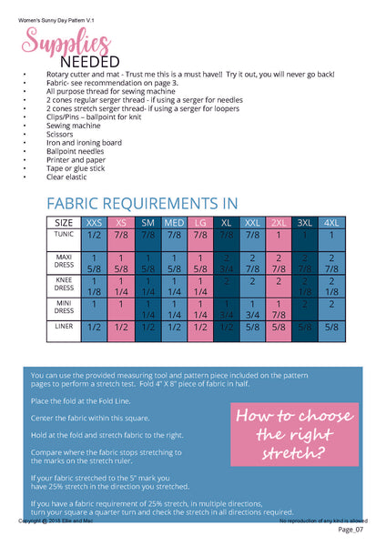 Sunny Day Fabric Requirement Chart