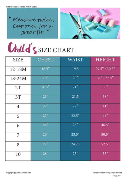 Undercover Hoodie Size Chart for Ellie and Mac Sewing Pattern