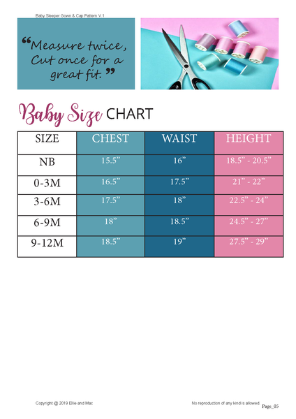 Baby Size Chart for Ellie and Mac Sewing Patterns