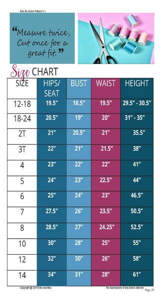 Be Active Kids Size Chart
