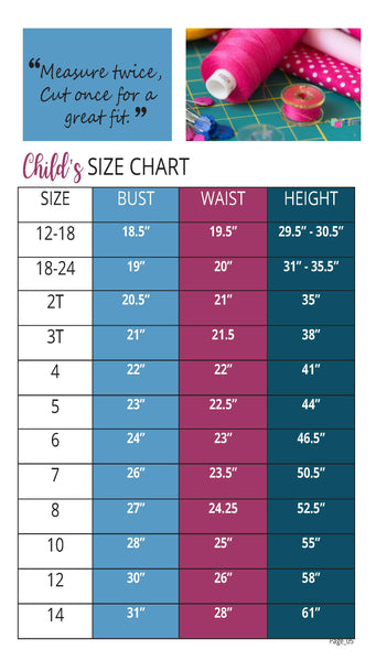 Kids sewing pattern size chart for ellie and mac sewing patterns