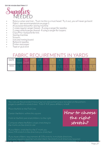 Be Invincible Fabric Requirements Chart for Ellie and Mac