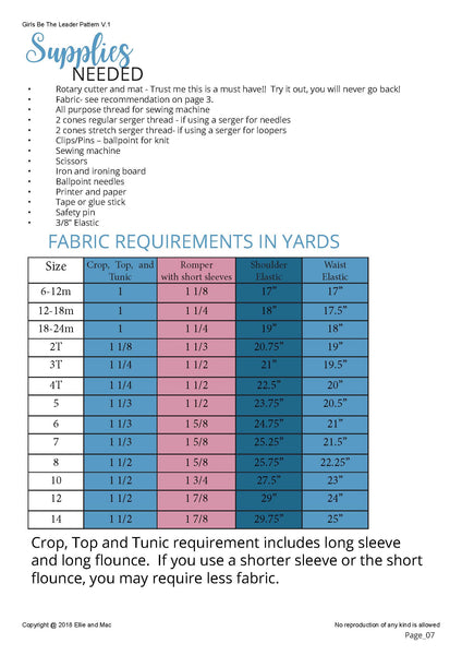 Girls Be The Leader Pattern Fabric Requirement Chart for Ellie and Mac Sewing Patterns