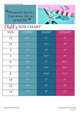 Girls Cold Shoulder Top Size Chart
