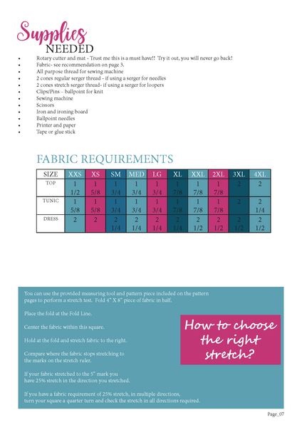 Day To Night Fabric Requirements Chart for Ellie and Mac Sewing Patterns