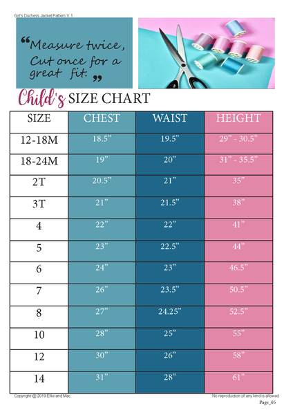 Size Chart Ellie and Mac Sewing Patterns