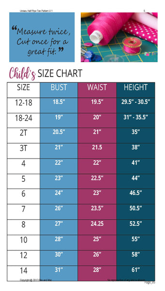 Half Pipe Sewing Pattern Size Chart by Ellie and Mac Sewing Patterns