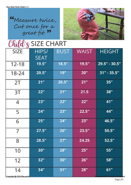 Boys Moto Pants Sewing Pattern Size Chart for Ellie and Mac