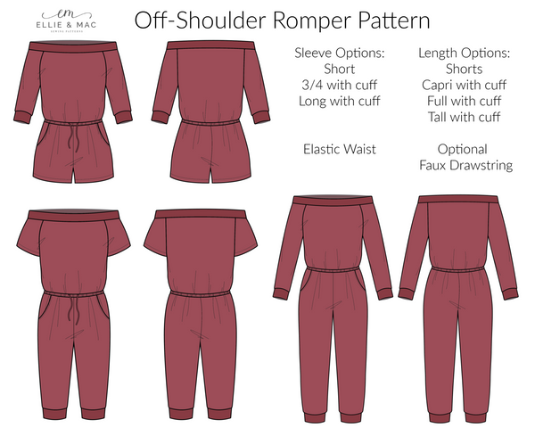 Off-Shoulder Romper Pattern line drawing by Ellie and Mac Sewing Patterns