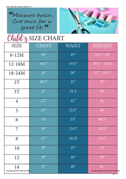 free Pajama sewing pattern size chart by Ellie and Mac Sewing Patterns