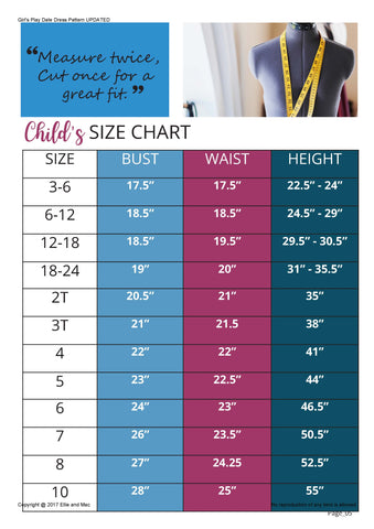 Girl's Play Date Dress Size Chart