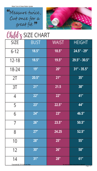 Rebel Tunic & Dress Size Chart for Ellie and Mac Sewing Patterns