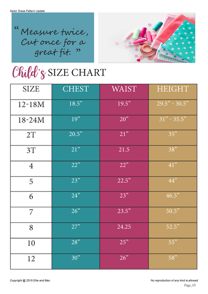 Sailor Dress Sewing Pattern Size Chart for Ellie and Mac Sewing Patterns