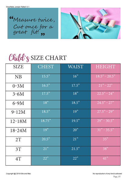 Snowflake Jumper Size Chart for Ellie and Mac Sewing Patterns
