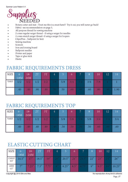 Summer Love Fabric Requirement Chart For Ellie and Mac