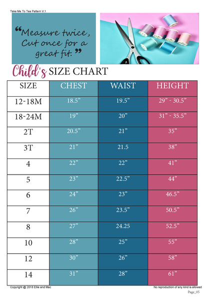 Take Me To Tea Dress Sewing Pattern Size Chart for Ellie and Mac Sewing Patterns