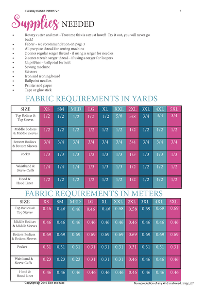 Tuesday Hoodie Sewing Pattern Fabric Requirements Chart