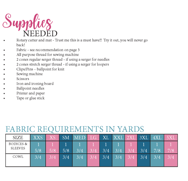 Twist It Up Top Sewing Pattern Fabric Requirement Chart for Ellie and Mac Sewing Pattern