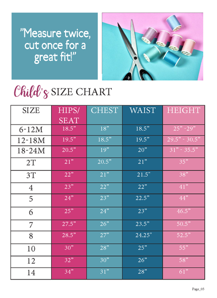 Waterfall Swimsuit Kids Size Chart for Ellie and Mac Sewing Pattern 