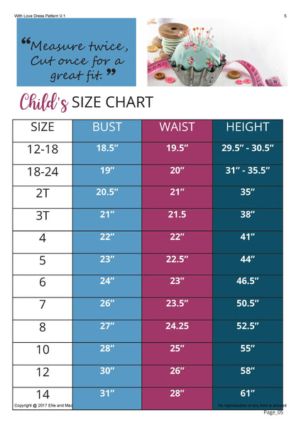 ellie and mac sewing pattern size chart