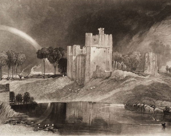 Mezzotint art landscape with a castle