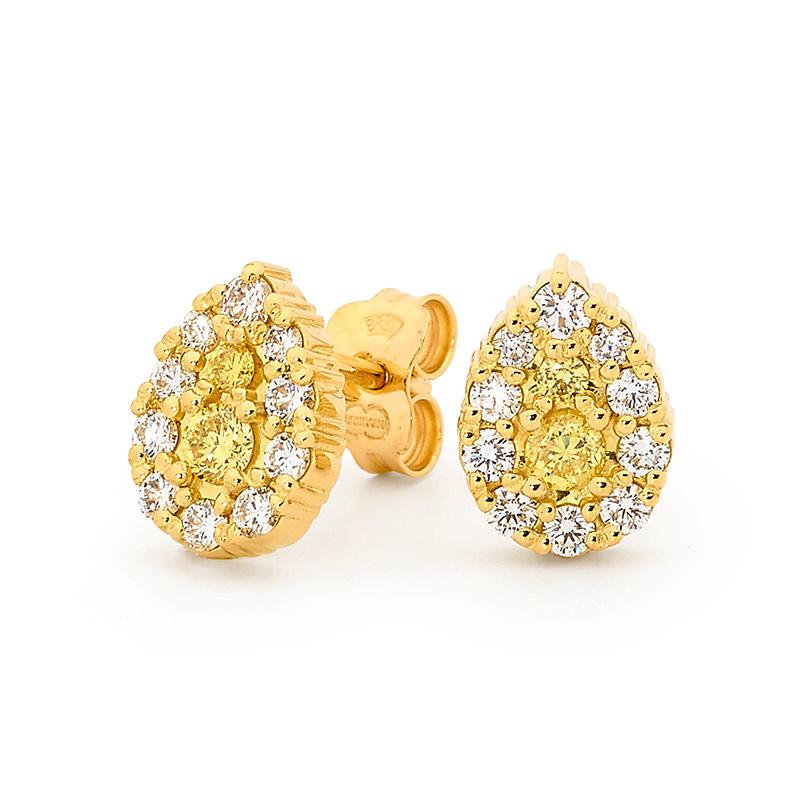 Smales Fancy Yellow & White Pear-Shape Diamond Earrings in Yellow Gold