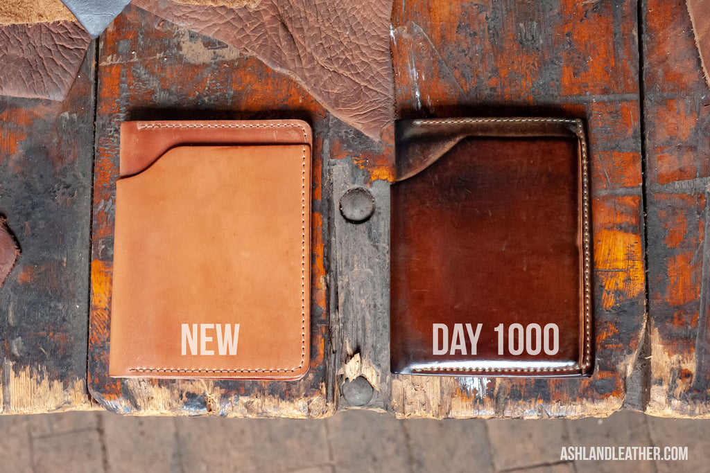 Ashland Leather Fat Herbie wallet in Horween natural shell cordovan before and after