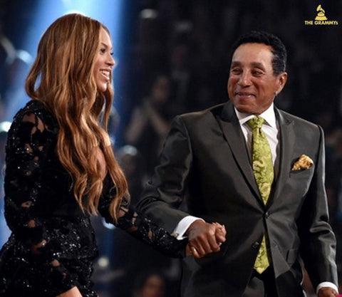Smokey Robinson in Mimi Fong tie with Beyonce at the Grammy Awards.