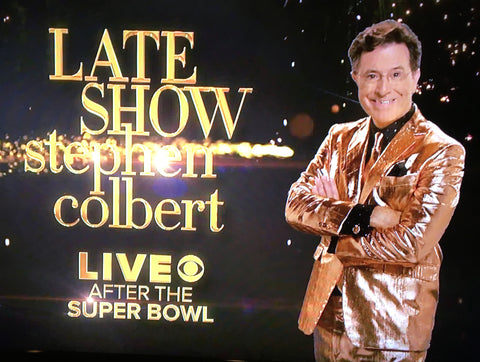 Stephen Colbert in custom Mimi Fong tie and Kozinn & Sons custom suit.