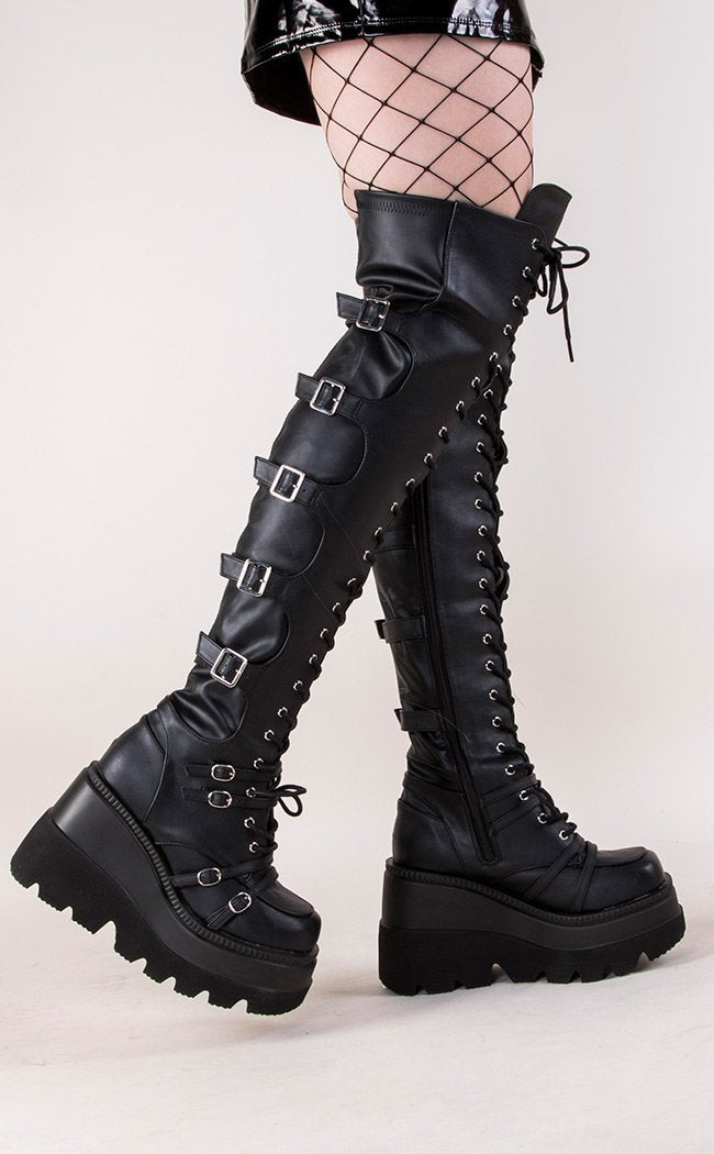Demonia SHAKER-350 Black Thigh High Boots | Gothic Shoes