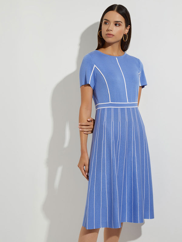 A Line Knit Dress Blue Short Sleeve Dress Misook