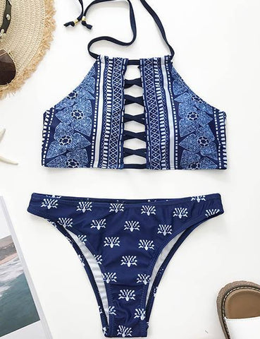 DaysCloth Sexy Boho Lace Up Floral Print Bikini Set