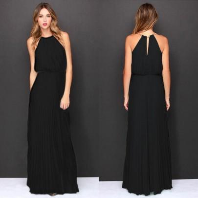 DaysCloth Black Plain Pleated Sleeveless Party Chiffon Maxi Dress