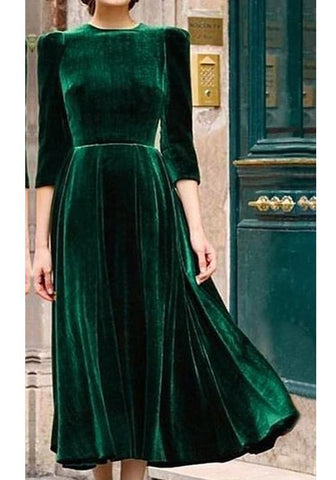 DaysCloth Green Draped Round Neck 3/4 Sleeve Vintage Pleuche Maxi Dress
