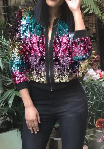 DaysCloth Purple Patchwork Sequin Round Neck Long Sleeve Fashion Jacket