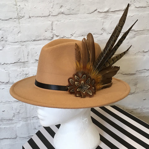 camel fedora hand embellished with game bird feathers