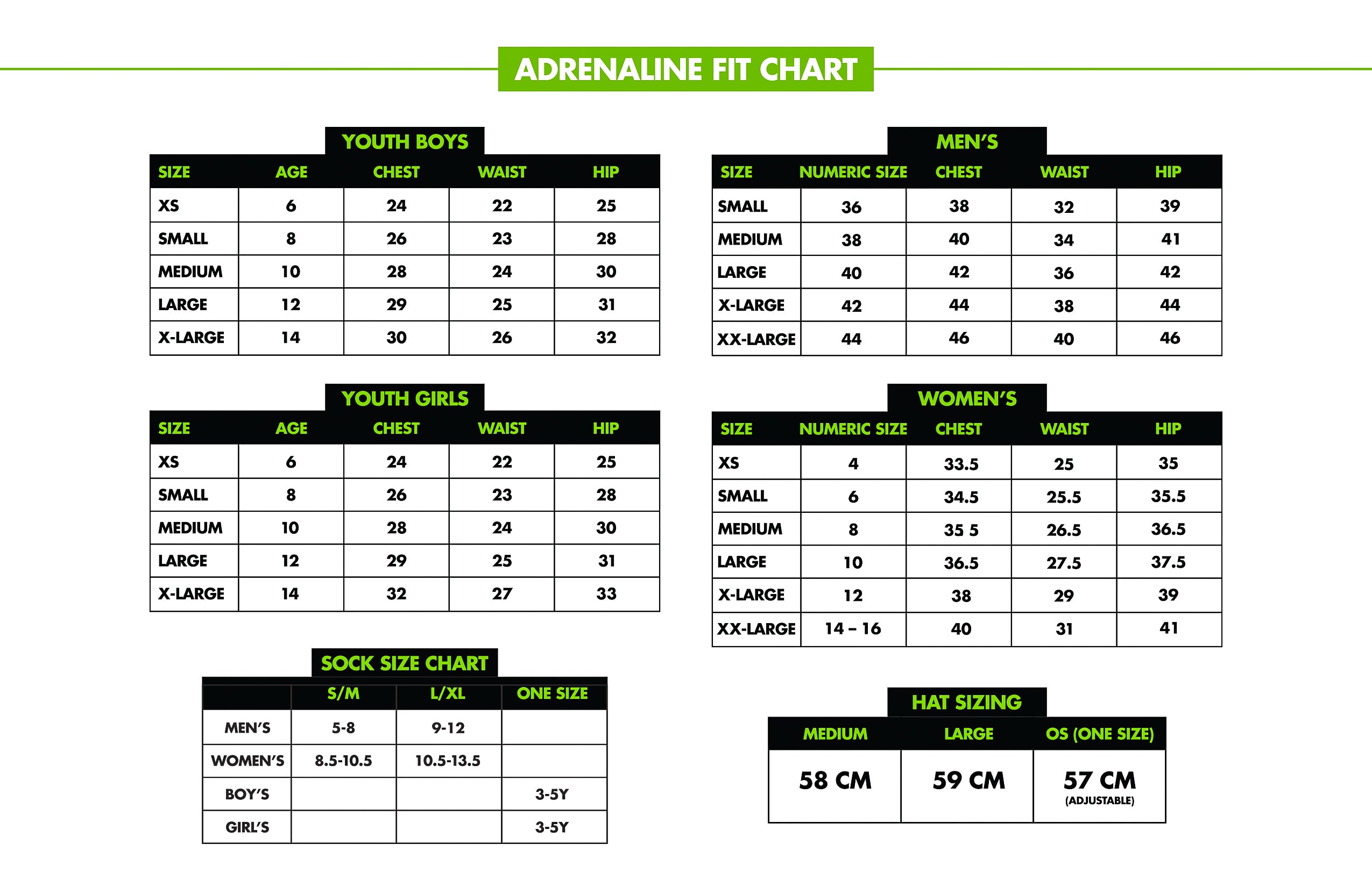 Adrenaline Lacrosse Apparel and Sock Size Fit Chart