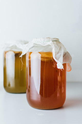 Alt Text: two mason jars filled with kombucha 